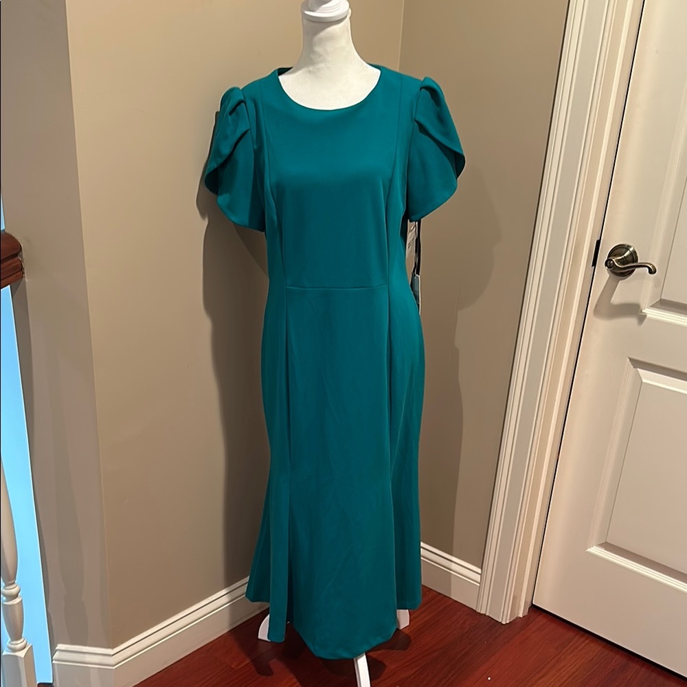 Calvin Klein Blue Ruched Midi Dress with Flutter Sleeves